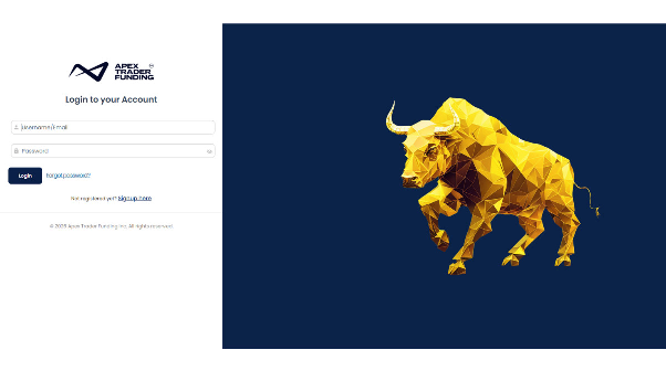 Apex Trader Funding account login page with username or email