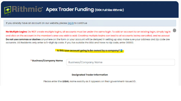 Apex Trader Funding registration workflow for personal and business accounts