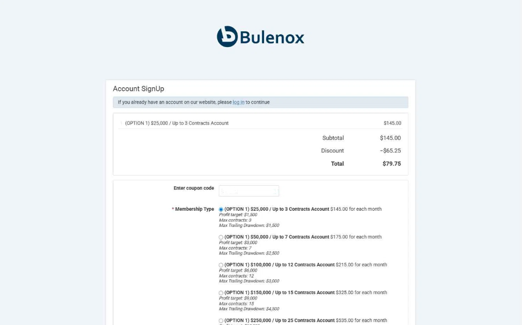 Bulenox checkout page showing account sizes and pricing