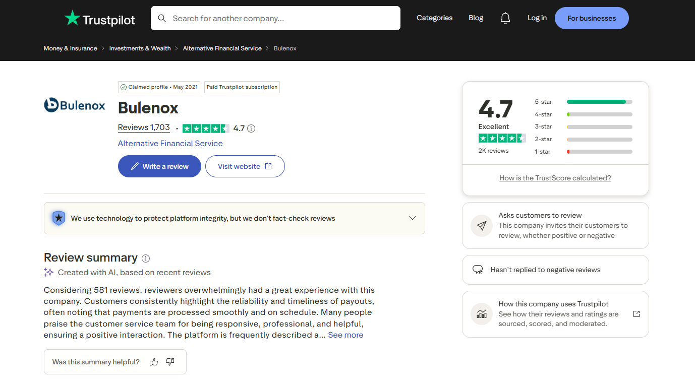 Bulenox Trustpilot rating around 4.6 to 4.7 stars